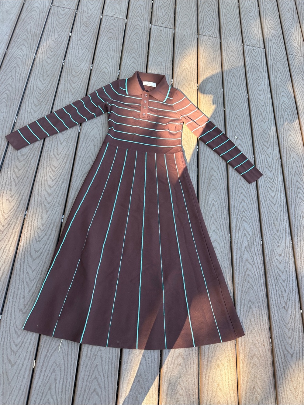 Anthropologie Brown Long-Sleeve Polo Dress with Teal Stripes